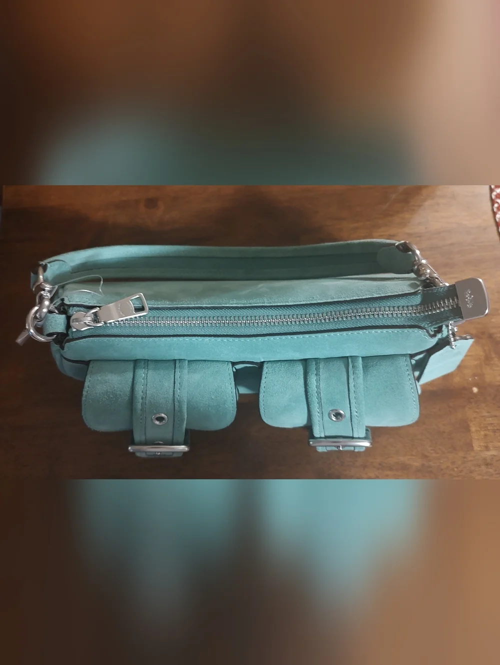 COACH Ashton Mint Green Suede Shoulder Bag with Front Buckle Pockets
